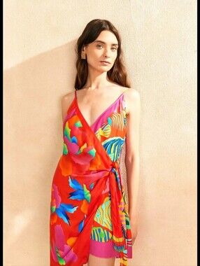 NWT FARM Rio Women's Red Multi-Color Floral Wrap Mini Dress - Size L
